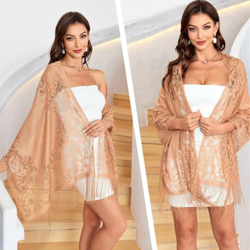Beige Tan Sheer Floral Lace Fringe Shawl Wrap‎ Scarf Pashmina Tartan Shrug